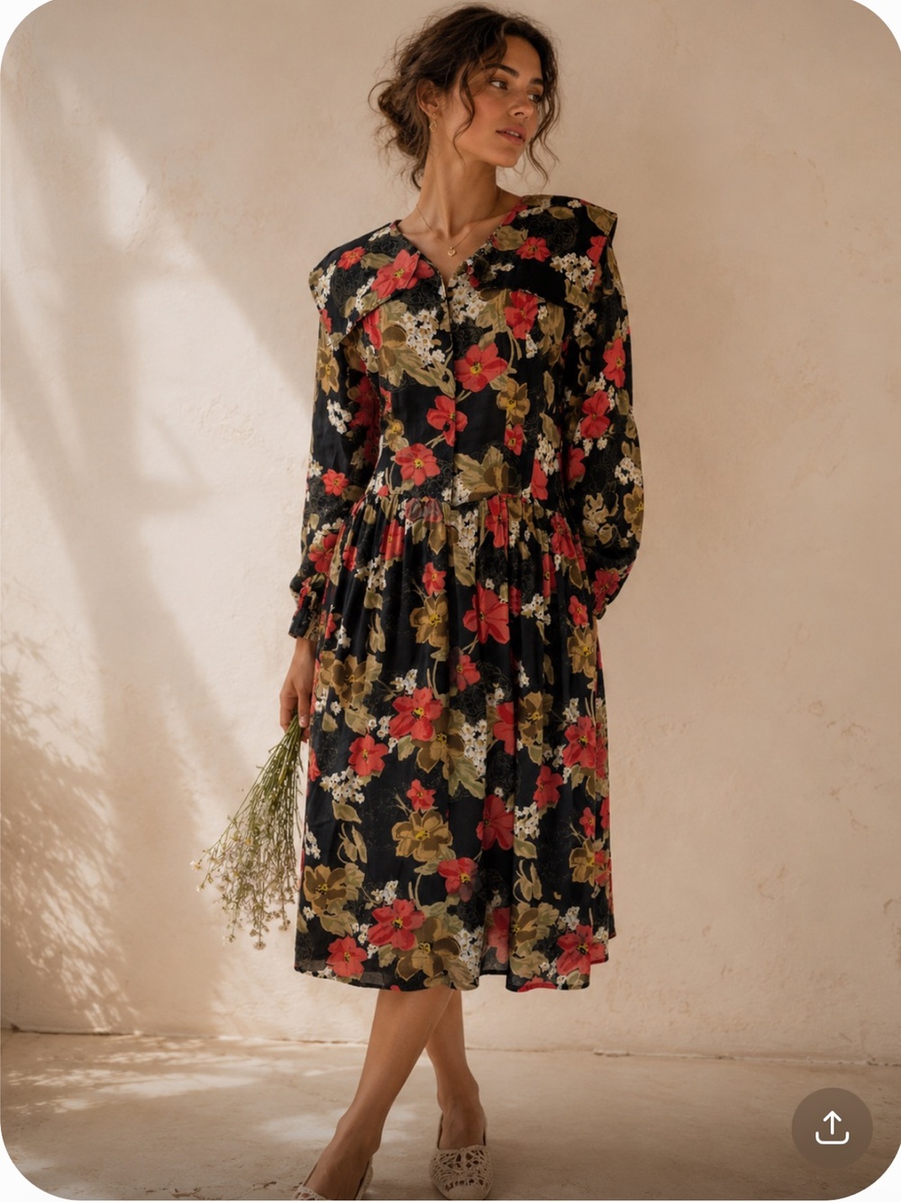 CAROLINA BAY Vintage Cottagecore Black Floral Midi Dress with Red & Olive Blooms